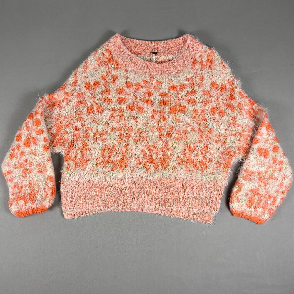 Free People Fuzzy Eyelash Knit Cropped Sweater Orange Cream Boho Textured Small